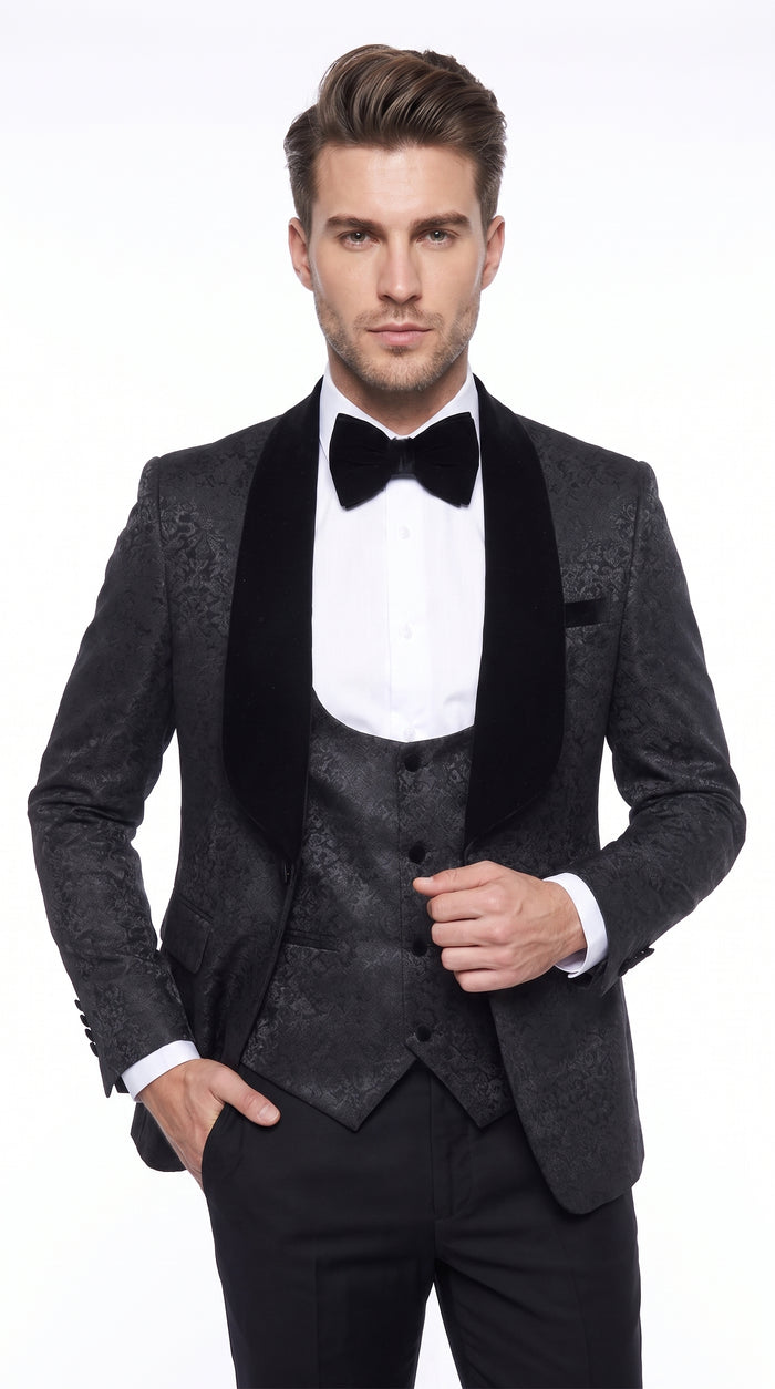 Rossi Man RM1446 Men’s Black 3 Piece Smoking Style Tuxedo Suit, Formal Wedding Prom Dinner Suit