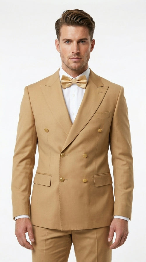 Rossiman Men’s Mustard Yellow Double Breasted Suit, Designer Fashion Dress Suit for Weddings, Prom, Parties, and Special Occasions