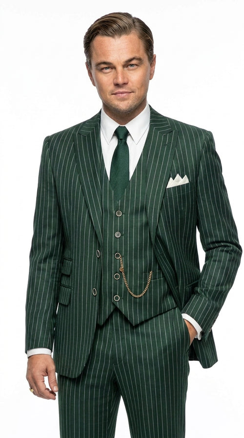 Men’s Hunter Green Pinstripe 1920s Gangster 3 Piece Suit, Great Gatsby Formal Outfit for Weddings, Prom, Parties, and Theme Events