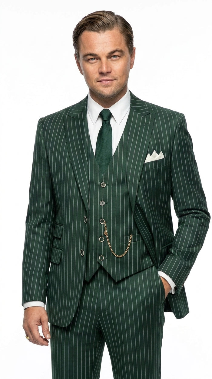 Men’s Hunter Green Pinstripe 1920s Gangster 3 Piece Suit, Great Gatsby Formal Outfit for Weddings, Prom, Parties, and Theme Events