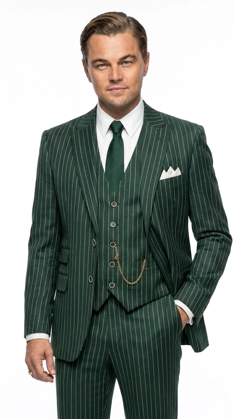Men’s Hunter Green Pinstripe 1920s Gangster 3 Piece Suit, Great Gatsby Formal Outfit for Weddings, Prom, Parties, and Theme Events