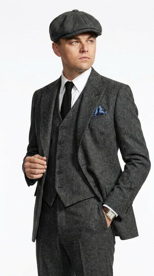 Men’s Charcoal 1920s Gangster 3 Piece Suit, Great Gatsby Formal Outfit for Weddings, Prom, Parties, and Theme Events