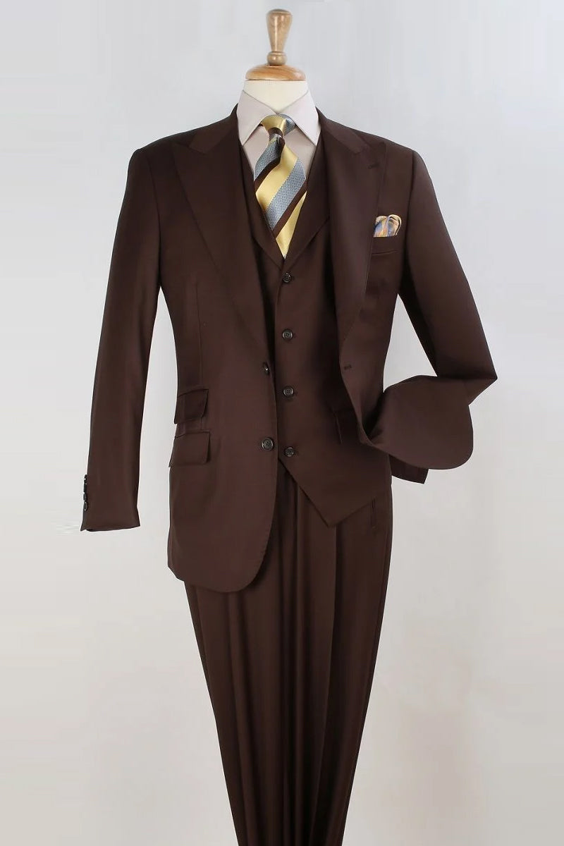 "Super 150's Merino Wool Men's Brown Vested Suit with Wide Peak Lapel"