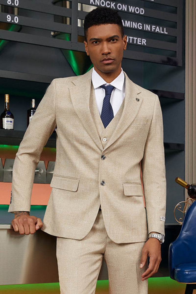 "Mens Stacy Adams Suit - Stacy Adams Suit Men's Two-Button Vested Summer Suit - Light Tan" - 34 Short