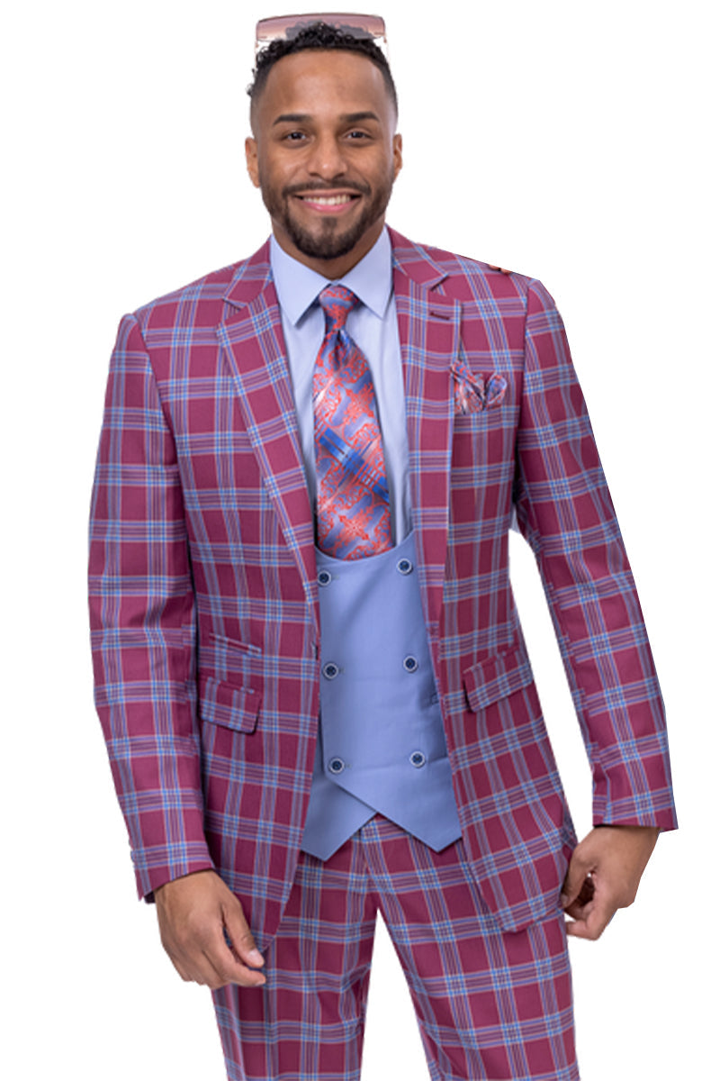 "Raspberry Pink Windowpane Plaid Men's Fashion Suit Vest - One Button Double Breasted"