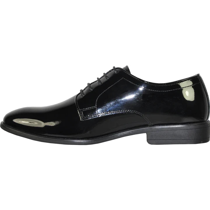 MENS CLASSIC PLAIN TOE SHINY PATENT TUXEDO OXFORD DRESS SHOE IN BLACK