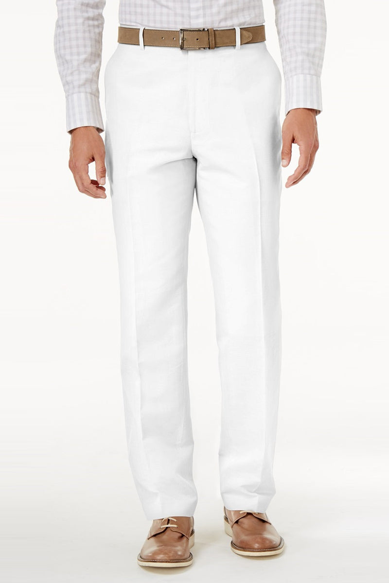 "White Men's Regular Fit Wool Dress Pants - Flat Front Style"
