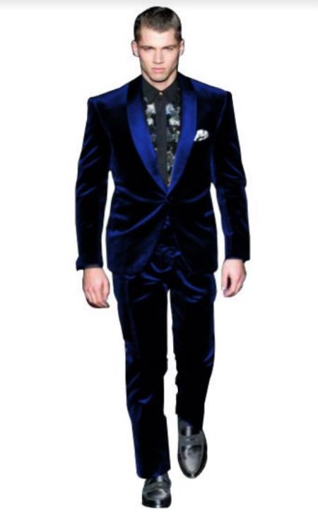 Men's High Fashion Royal Blue Shawl Lapel Velvet Suit + Velvet Pants