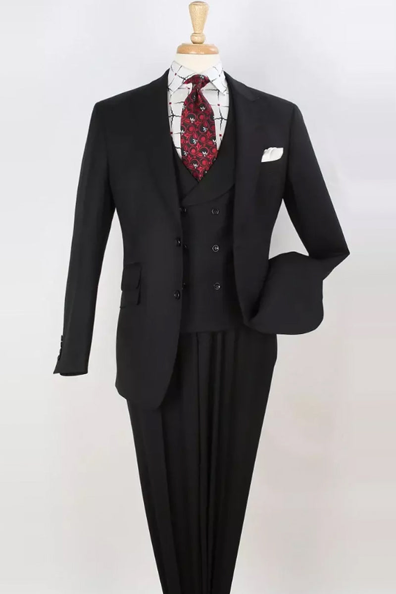 "Black Wool Suit: Men's Double Breasted Vest with Wide Peak Lapel"