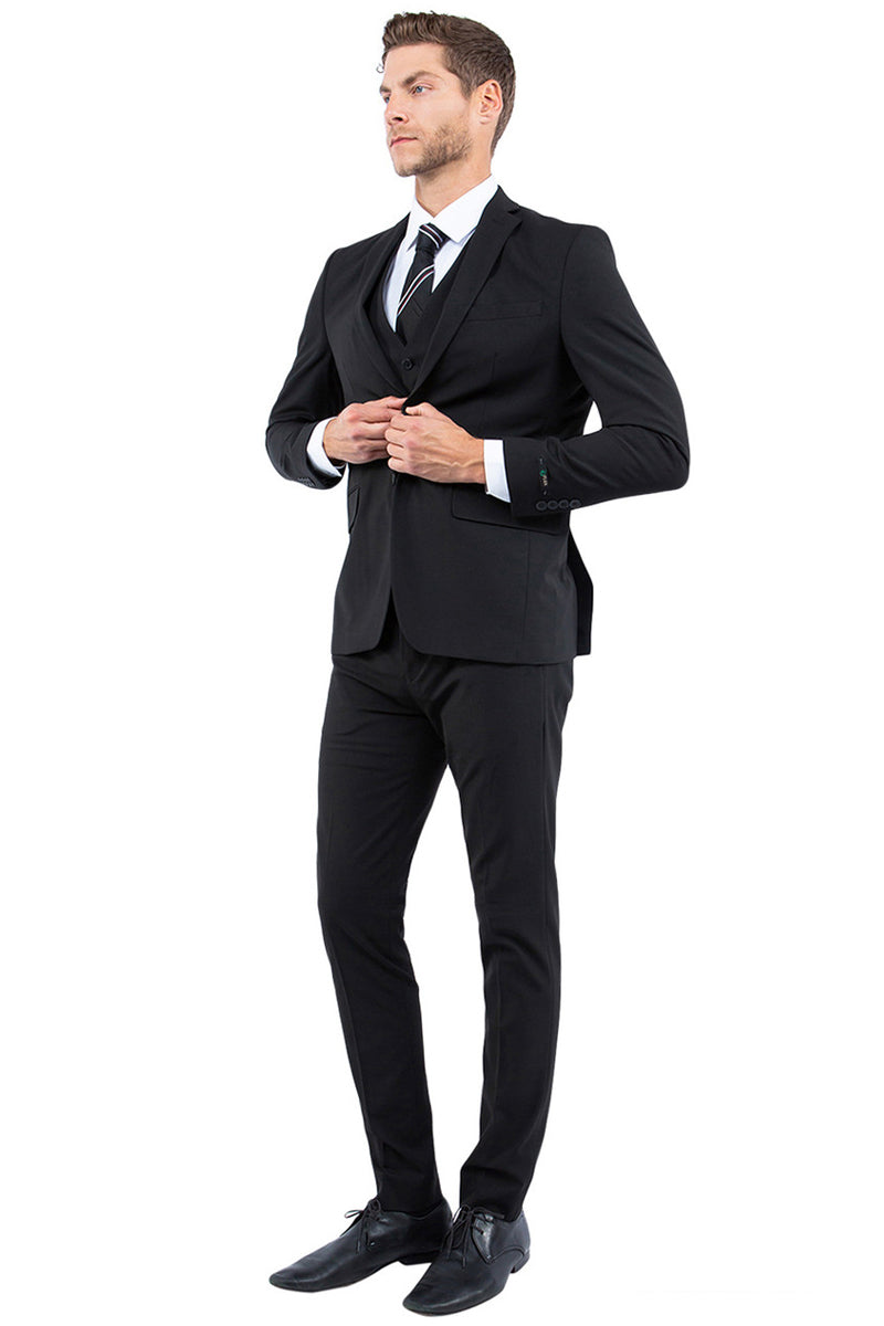 "Black Slim Fit Men's Business & Wedding Suit - One Button Vested"