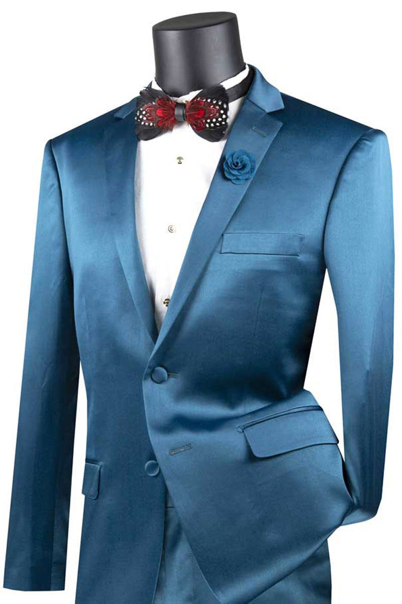 Mens Ultra Slim Fit Strech Sateen Shiny Sharskin Suit in Teal - 36 Short