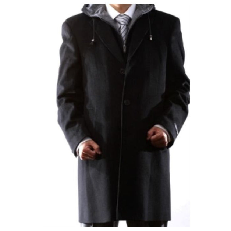 Hooded Dress Coat Wool Black ~ Charcoal Winter Coat Mens Topcoat