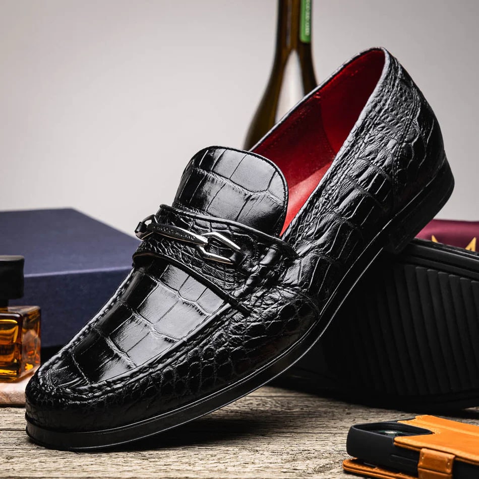 Marco Di Milano Hugo Men's Shoes Black Stylish Exotic Alligator Horsebit Loafers - 6