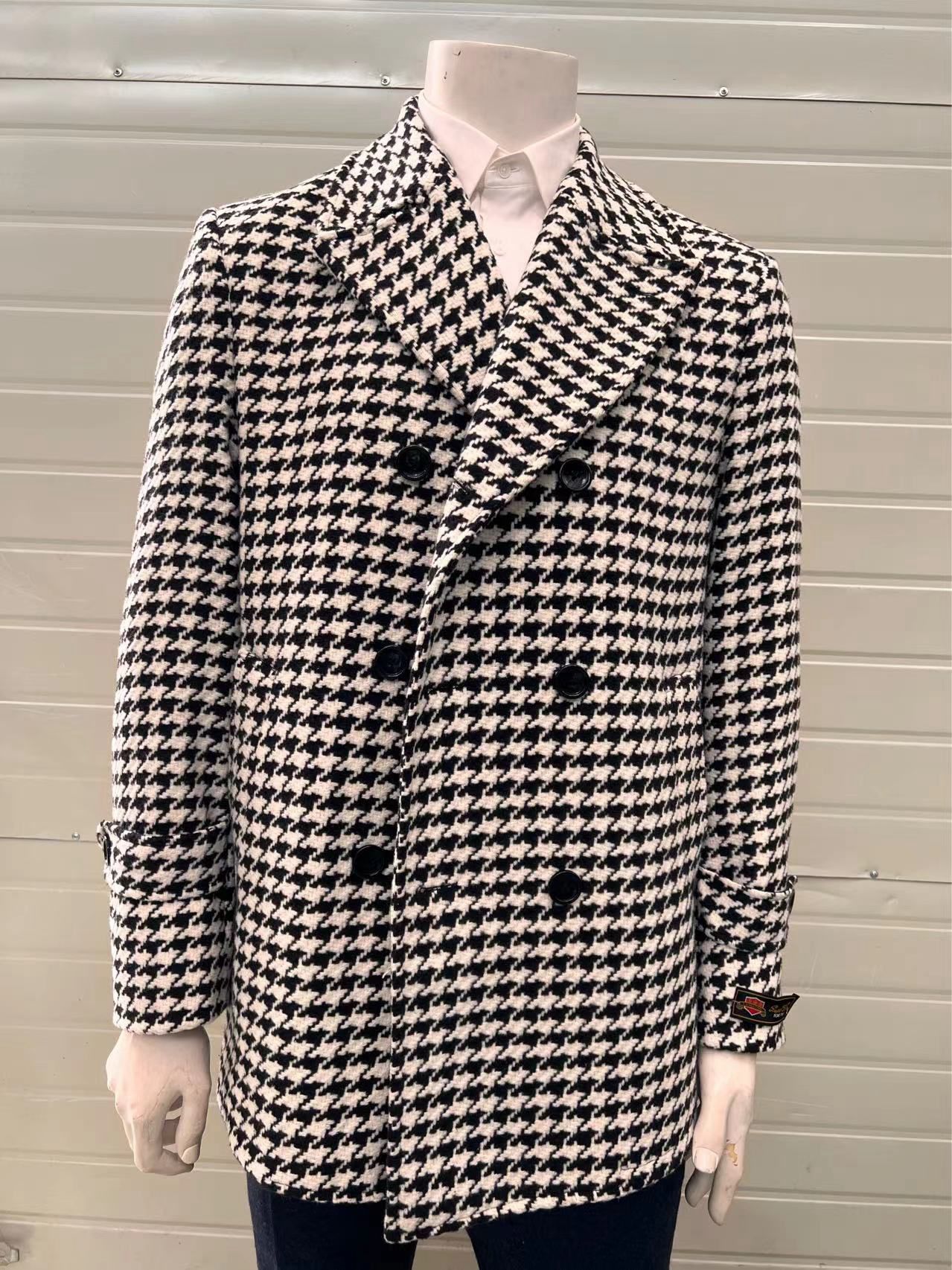Mens Houndstooth Double-Breasted Wool Peacoat Black and White Wool  Short Coat Slim Fit - Coat Size 38