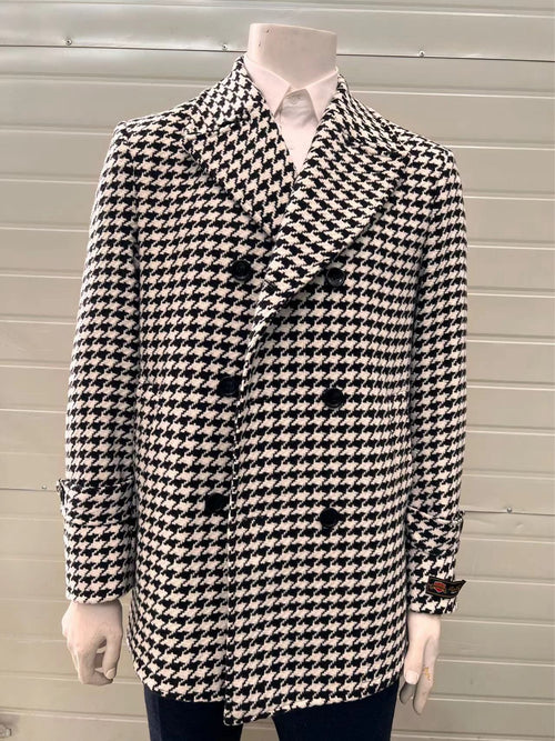 Mens Houndstooth Double-Breasted Wool Peacoat Black and White Wool  Short Coat Slim Fit
