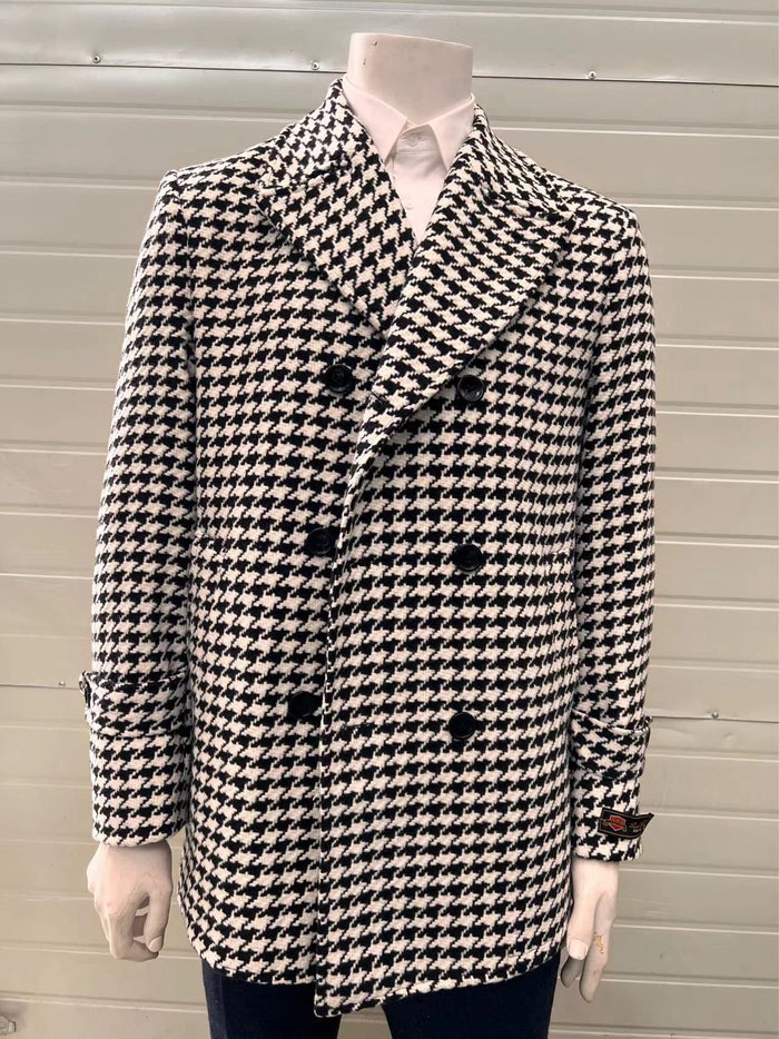 Mens Houndstooth Double-Breasted Wool Peacoat Black and White Wool  Short Coat Slim Fit