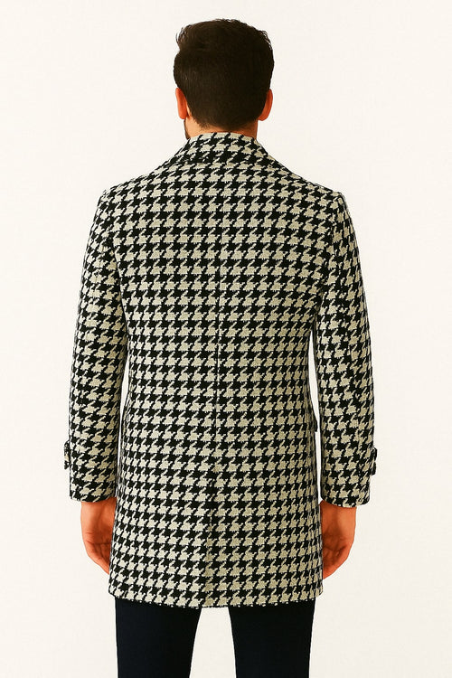 Mens Houndstooth Double-Breasted Wool Peacoat Black and White Wool  Short Coat Slim Fit