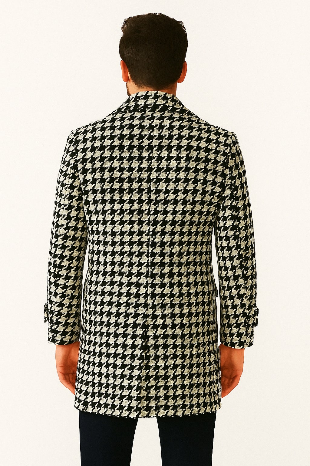 Mens Houndstooth Double-Breasted Wool Peacoat – Black and White Wool  Short Coat Slim Fit - Coat Size 38