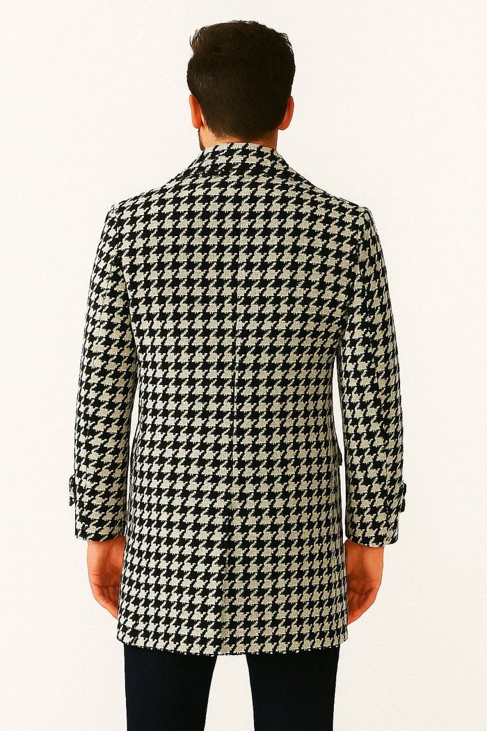 Mens Houndstooth Double-Breasted Wool Peacoat Black and White Wool  Short Coat Slim Fit
