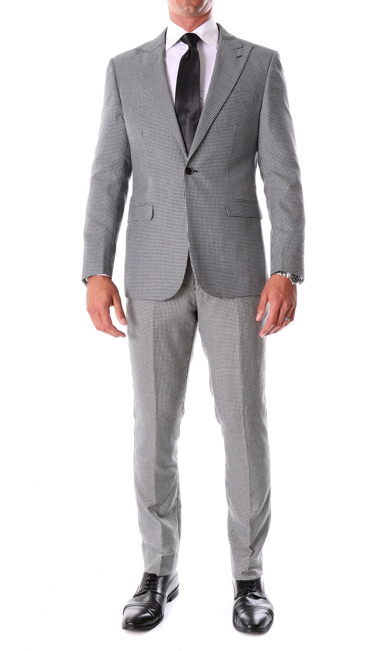 Mens Slim Fit Houndstooth Peak Lapel 2pc Suit - 34 Short or Extra Small