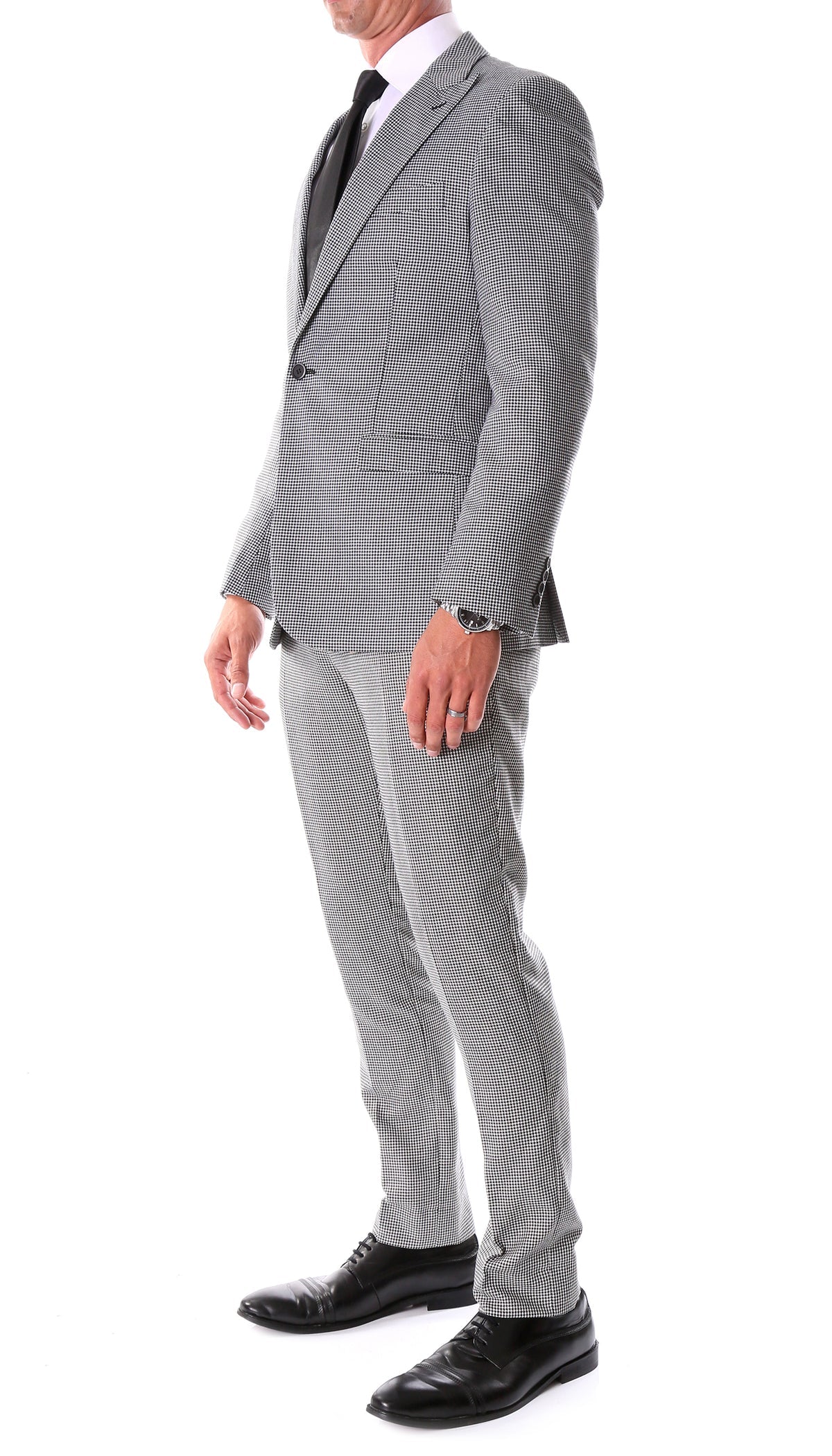 Mens Slim Fit Houndstooth Peak Lapel 2pc Suit - 34 Short or Extra Small