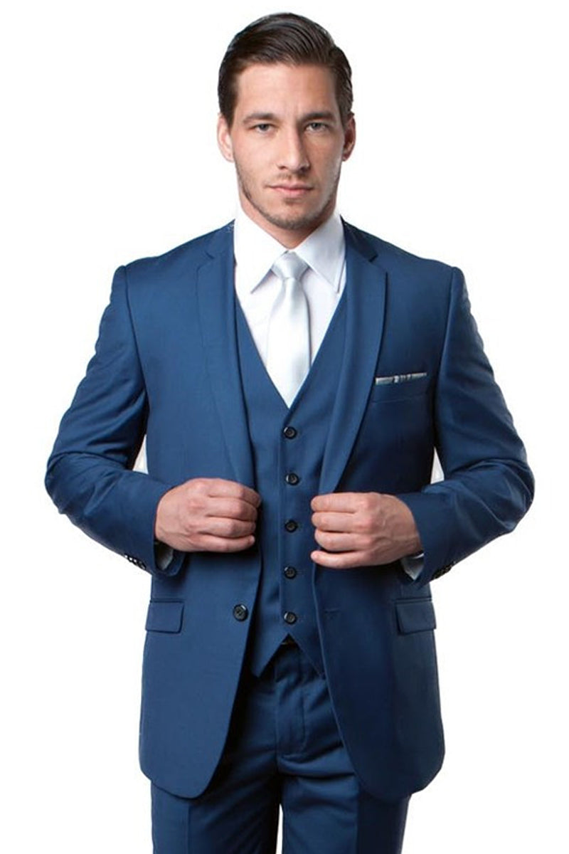 Indigo Blue Slim Fit Men's Wedding Suit with Two Button Vest - 34 Short