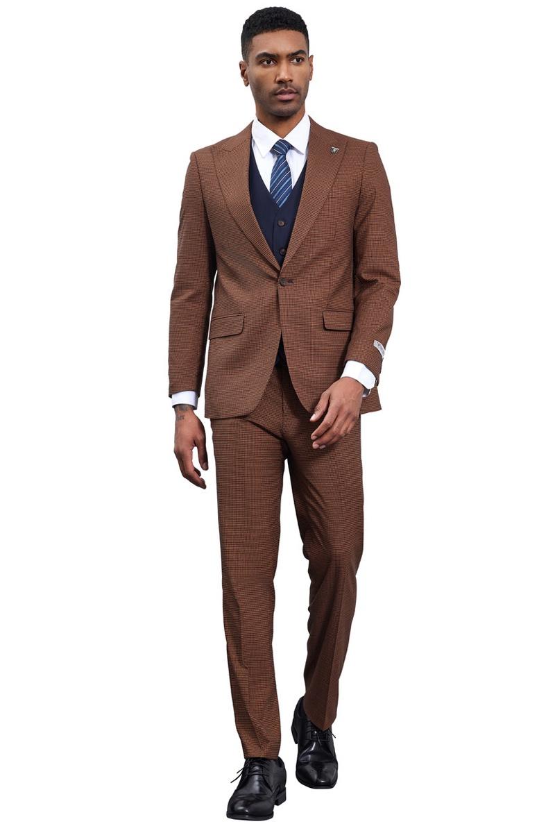Men's Stacy Adams One Button Peak Lapel Vested Micro Check in Cognac Brown with a Navy Vest - 38 Regular