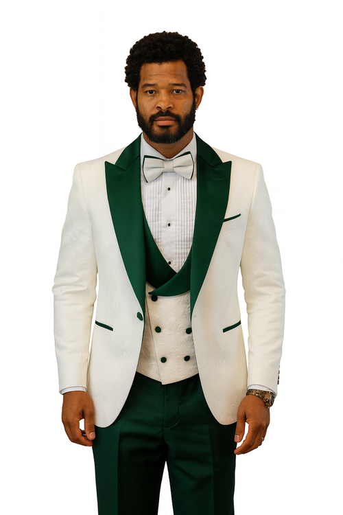 Hilton White and Hunter Green Paisley Peak Lapel Tuxedo Jacket with Matching Shawl Vest and Wool Pants Includes Bow Tie