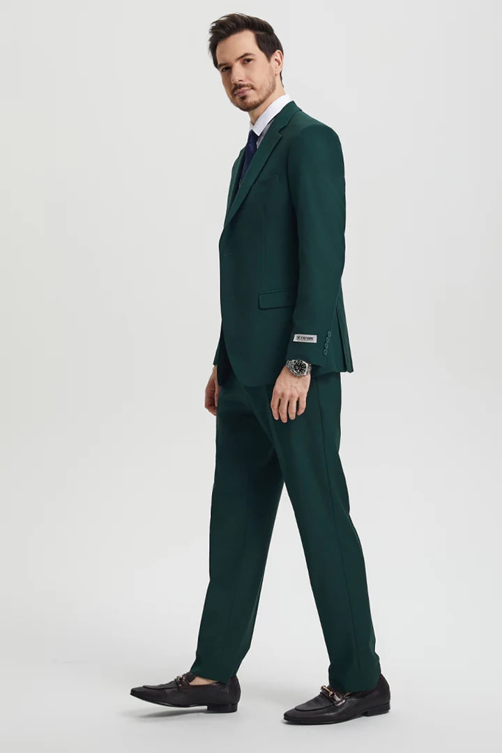 Cheap Suit - Men's Two Button Vested Stacy Adams Basic Designer Sharkskin Hunter Green Suit