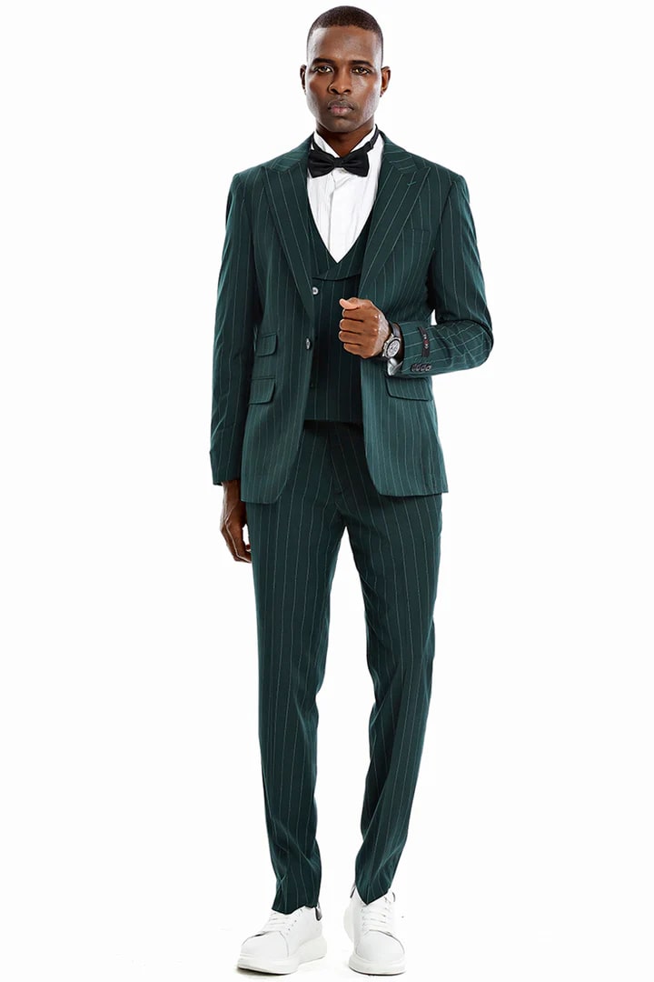 Cheap Suit - Men's One Button Vested Wide Peak Lapel Bold Gangster Pinstripe Hunter Green Suit