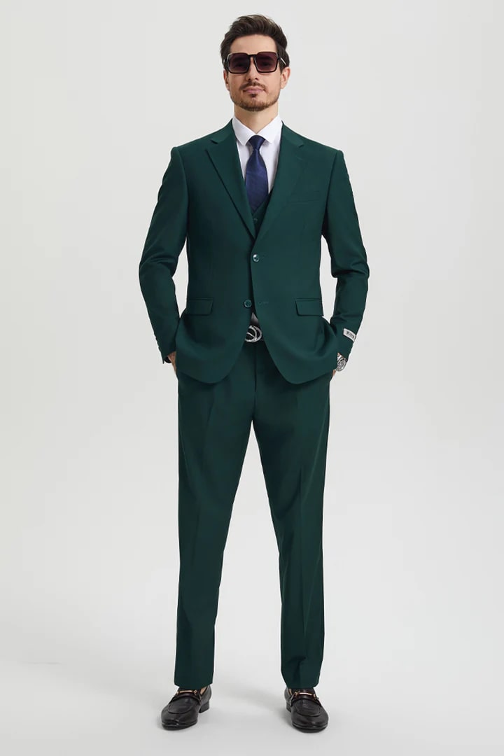 Cheap Suit - Men's Two Button Vested Stacy Adams Basic Designer Sharkskin Hunter Green Suit