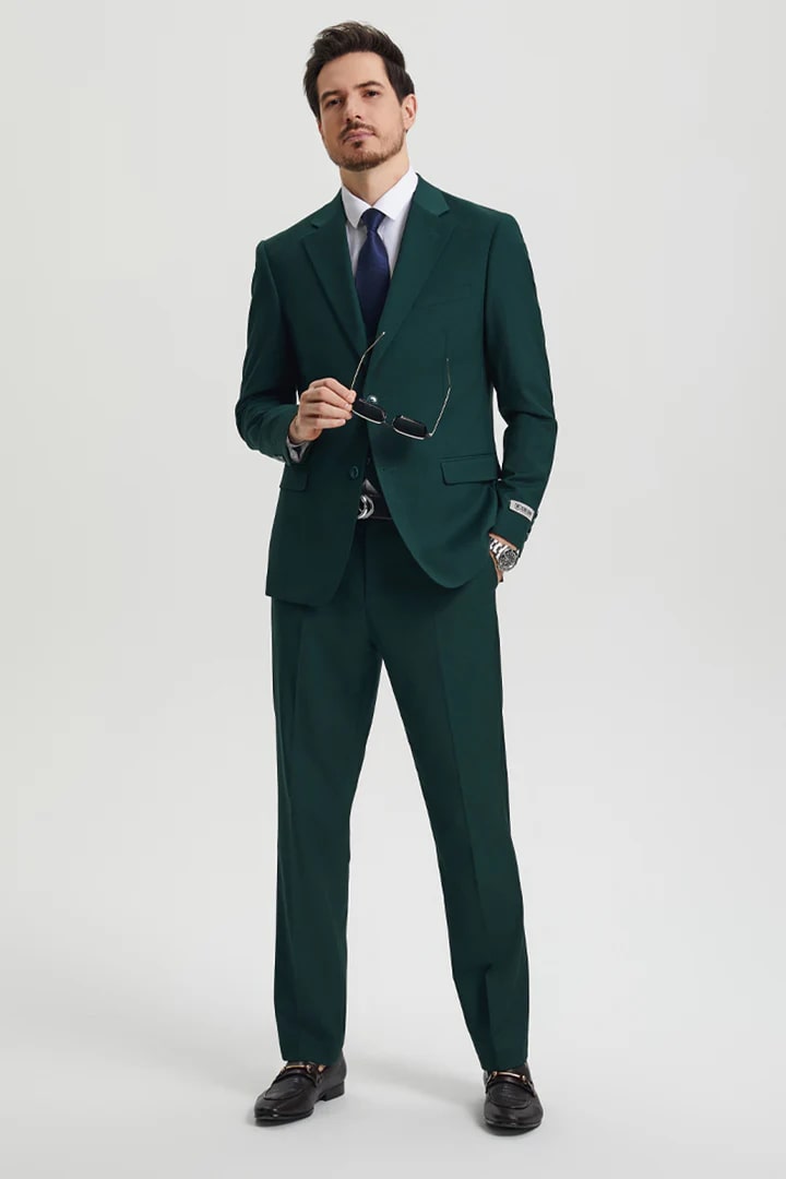 Cheap Suit - Men's Two Button Vested Stacy Adams Basic Designer Sharkskin Hunter Green Suit