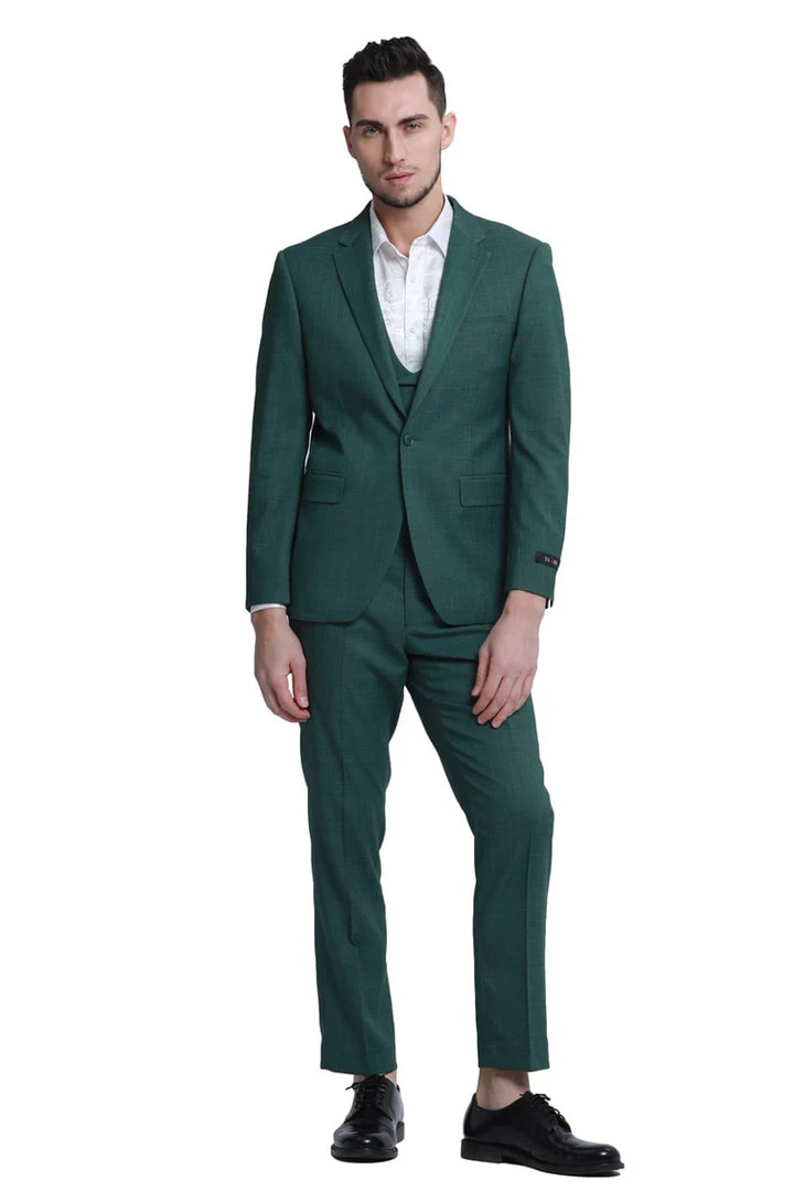 Cheap Suit - Men's One Button Double Breasted Vest Slim Fit Sharkskin Wedding Hunter Green Suit