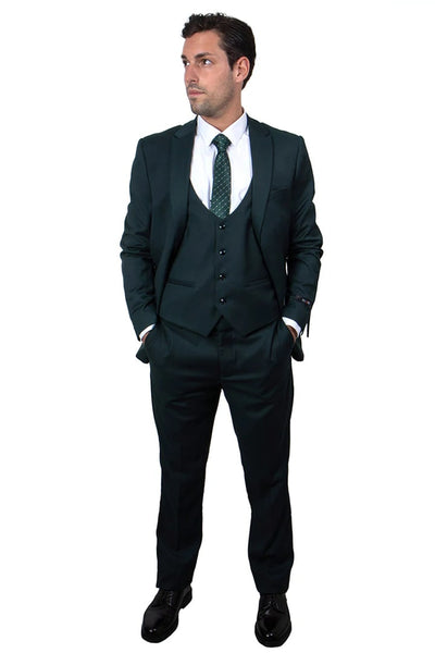 Cheap priced Suit  - Men's One Button Peak Lapel Skinny Wedding & Prom 2026 Hunter Green Suit With Lowcut Vest