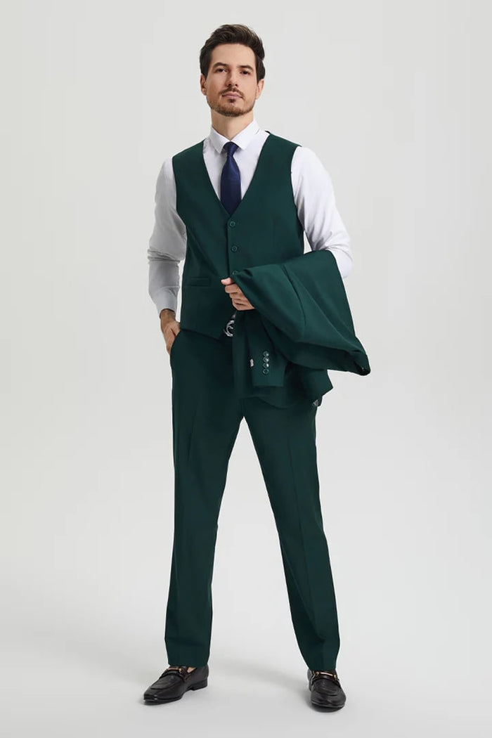 Cheap priced Suit- Men's Two Button Vested Stacy Adams Basic Designer Sharkskin Hunter Green Suit