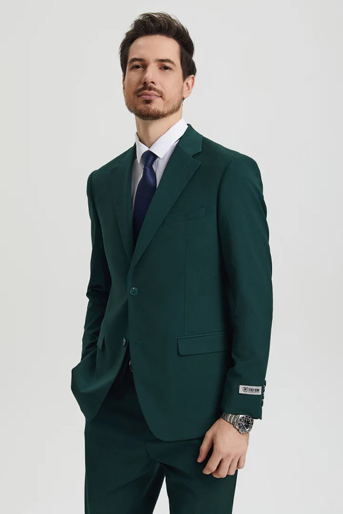 Cheap priced Suit- Men's Two Button Vested Stacy Adams Basic Designer Sharkskin Hunter Green Suit