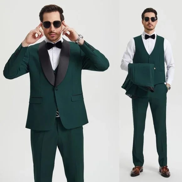 Stacy Adams 3pc Tuxedo Shawl Lapel, Hunter Green - 38 Short Jacket+32 Waist Adjustable 28to34)(Height: 5 4 to5 7 )(Neck  15-16.5)S-M)