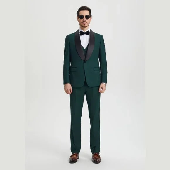 Stacy Adams 3pc Tuxedo Shawl Lapel, Hunter Green - 38 Short Jacket+32 Waist Adjustable 28to34)(Height: 5 4 to5 7 )(Neck  15-16.5)S-M)