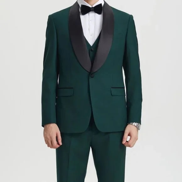 Stacy Adams 3pc Tuxedo Shawl Lapel, Hunter Green - 38 Short Jacket+32 Waist Adjustable 28to34)(Height: 5 4 to5 7 )(Neck  15-16.5)S-M)