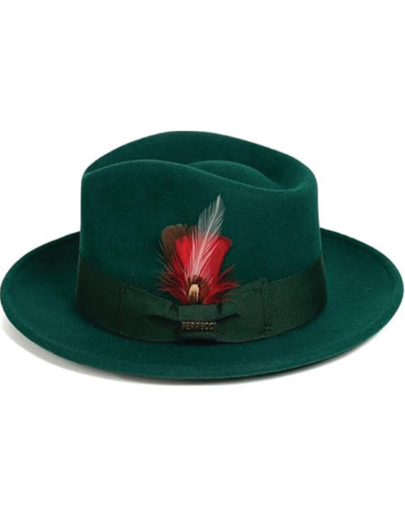 Gangster 100% Austrailian Wool Crushable Mens Fedora Hat - Removable Feather Gangster Hunter Green Mens Fedora Hat-New Designer Collection - S