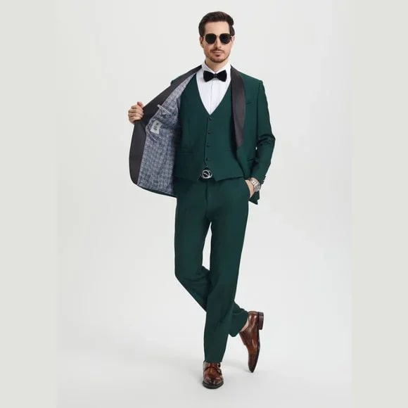 Stacy Adams 3pc Tuxedo Shawl Lapel, Hunter Green - 38 Short Jacket+32 Waist Adjustable 28to34)(Height: 5 4 to5 7 )(Neck  15-16.5)S-M)