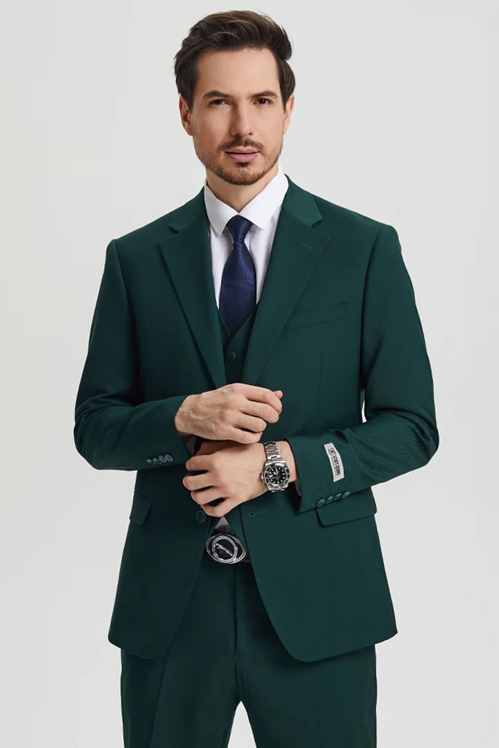 Cheap Suit - Men's Two Button Vested Stacy Adams Basic Designer Sharkskin Hunter Green Suit