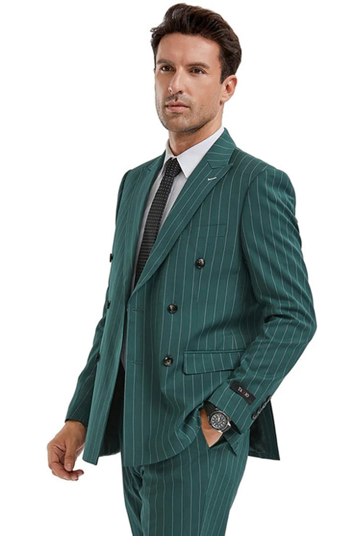 Cheap priced Suit- Men's Slim Fit Double Breasted Bold Gangster Pinstripe Hunter Green Suit