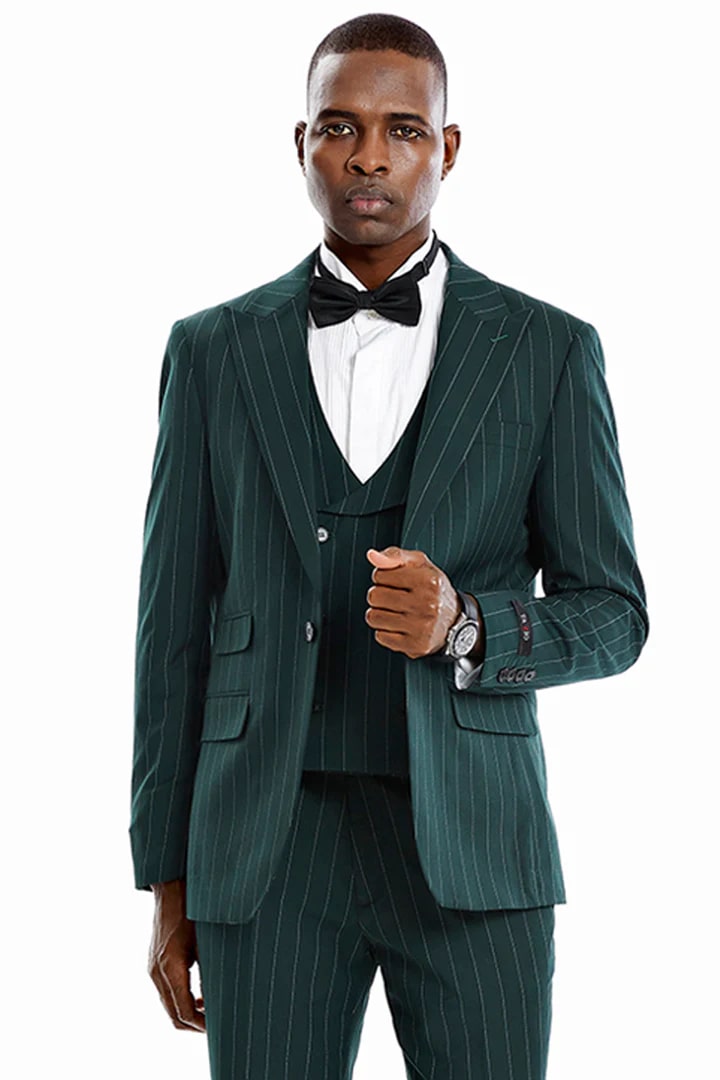 Cheap Suit - Men's One Button Vested Wide Peak Lapel Bold Gangster Pinstripe Hunter Green Suit