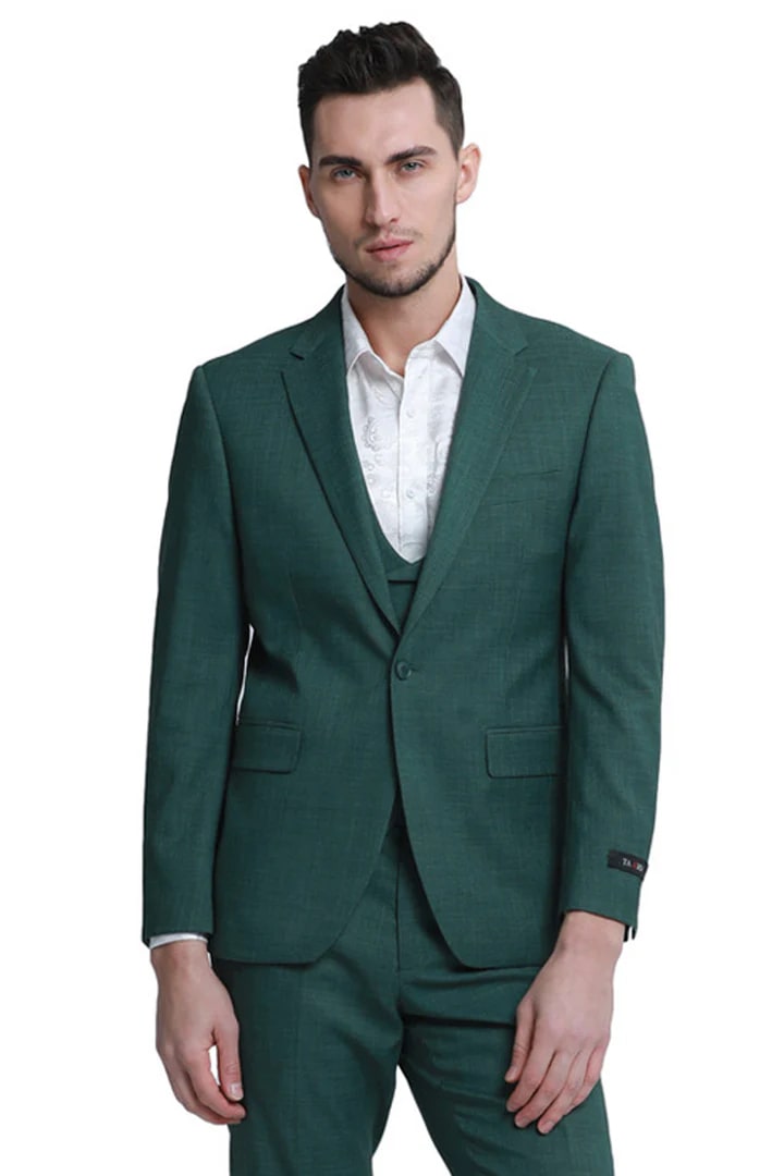 Cheap Suit - Men's One Button Double Breasted Vest Slim Fit Sharkskin Wedding Hunter Green Suit