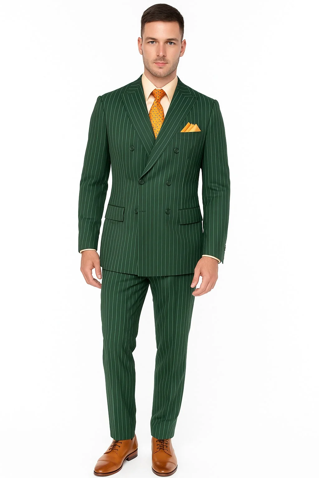 Mens Hunter Green Pinstripe Double-Breasted Suits – Bold 6-Buttons Vintage Gangster Style 1920s Look - 34 Short or Extra Small