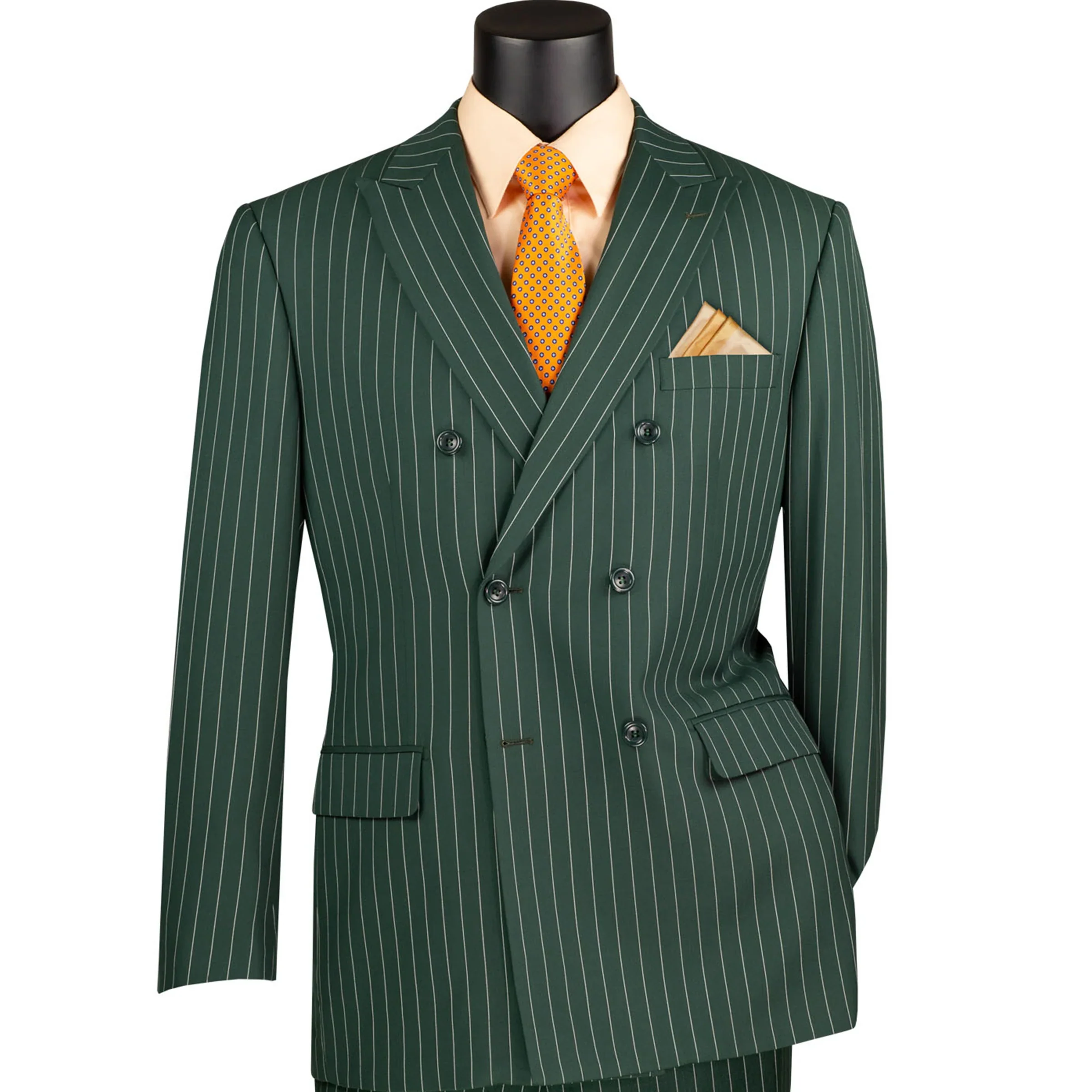 Mens Hunter Green Pinstripe Double-Breasted Suits – Bold 6-Buttons Vintage Gangster Style 1920s Look - 34 Short or Extra Small