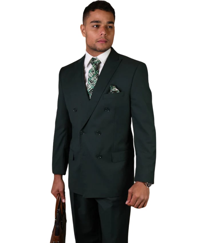 Hunter Green statement men's suit double breasted pleated pants classic fit - 38 Short Jacket+32 Waist Adjustable 28to34)(Height: 5 4 to5 7 )(Neck  15-16.5)S-M)