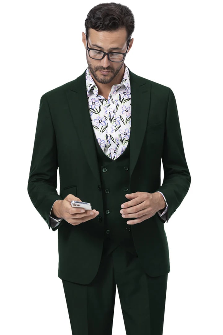 Cheap Suit - Mens Modern Two Button Vested Peak Lapel Hunter Green Suit With Double Breasted Vest