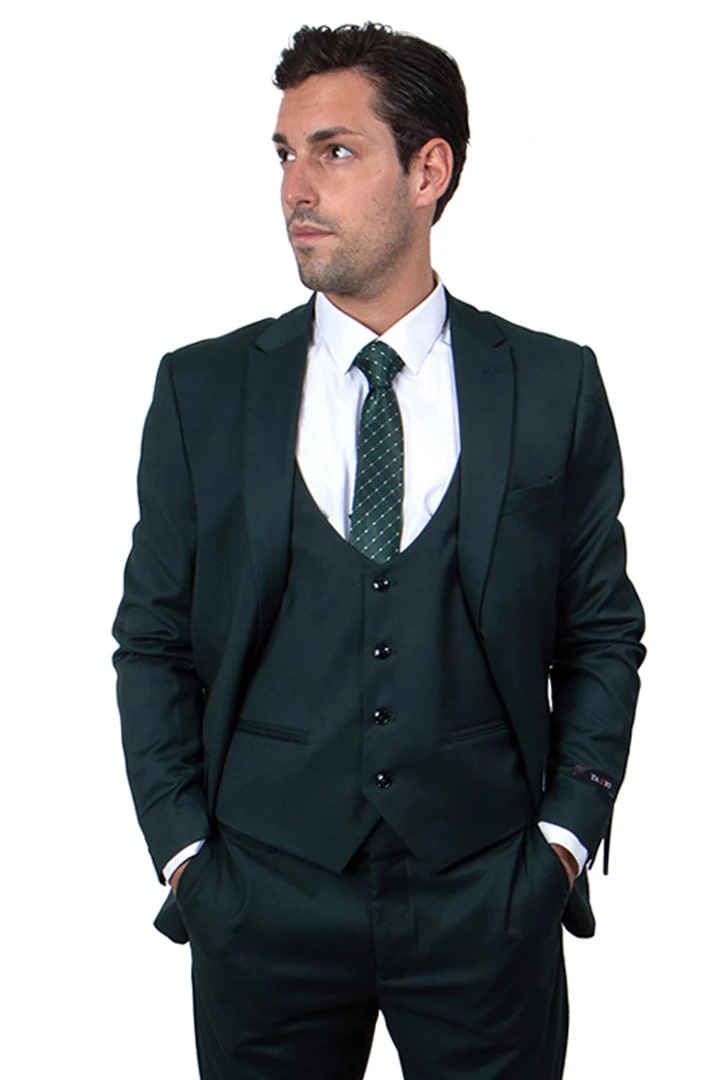 Cheap Suit - Men's One Button Peak Lapel Skinny Wedding & Prom Hunter Green Suit With Lowcut Vest